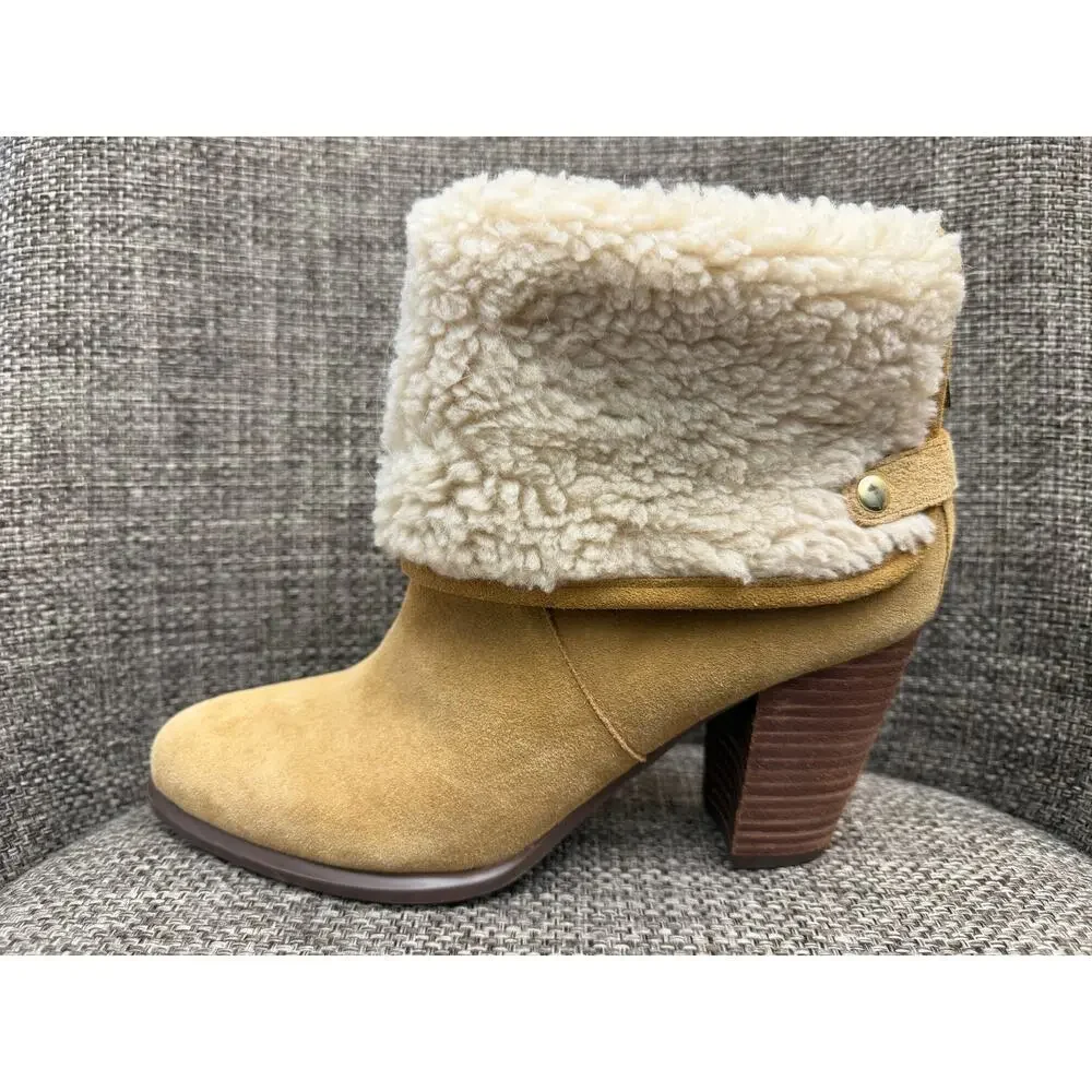 Tommy Hilfiger Katelynn Tan Suede Faux Fur Cuff Heel Booties Ankle Boots 8.5M